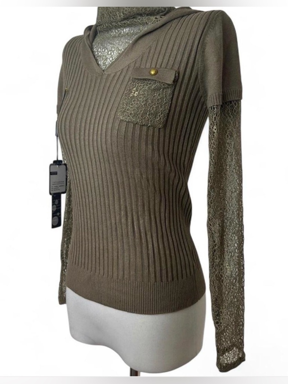 Vantage Y2K Layered Knit Top w Lace Sleeves Hooded | Wool Blend | NWT